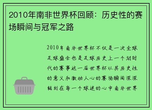 2010年南非世界杯回顾：历史性的赛场瞬间与冠军之路
